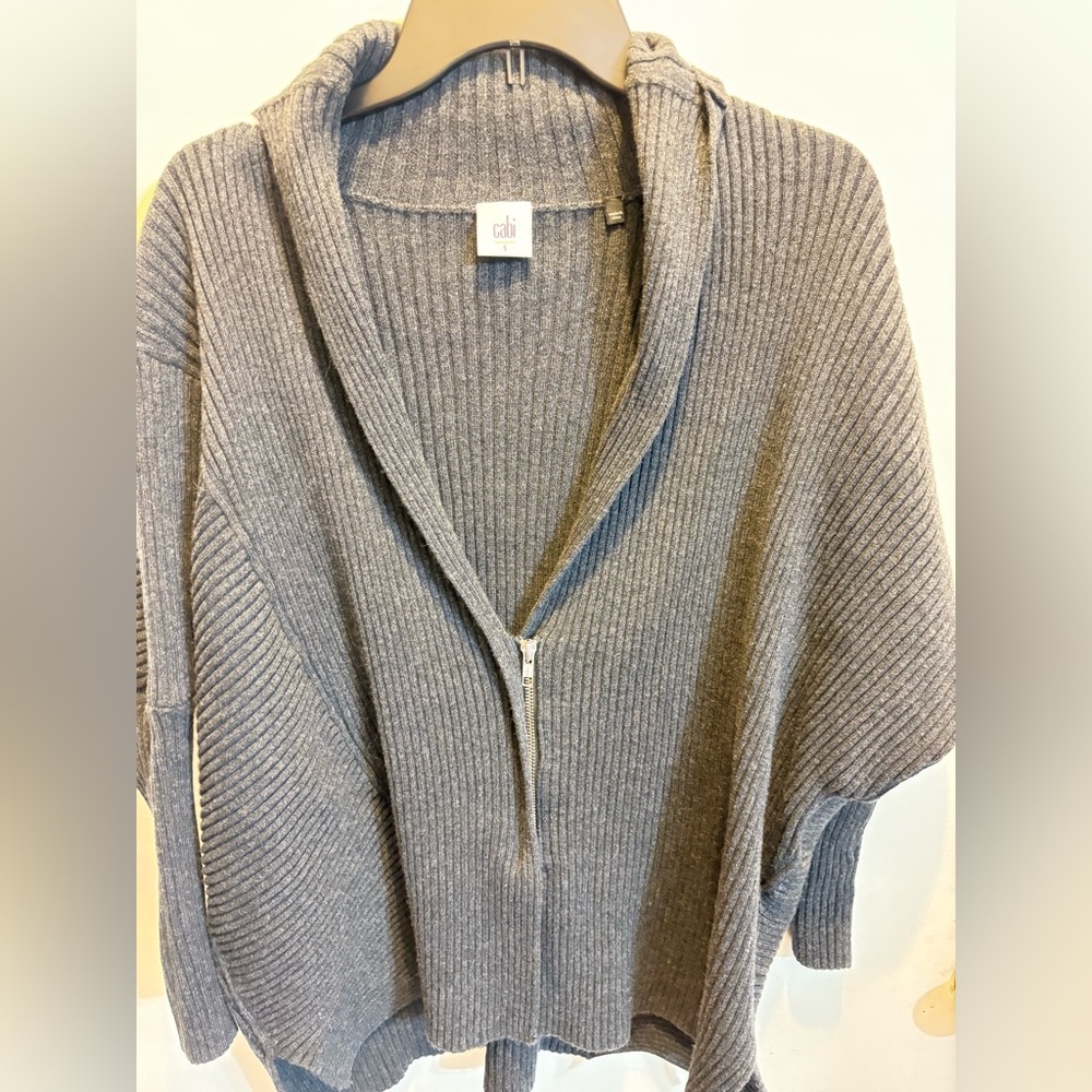 Womens gray Cabi ribbed knit cardigan cozy zip-up shawl collar relaxed oversized